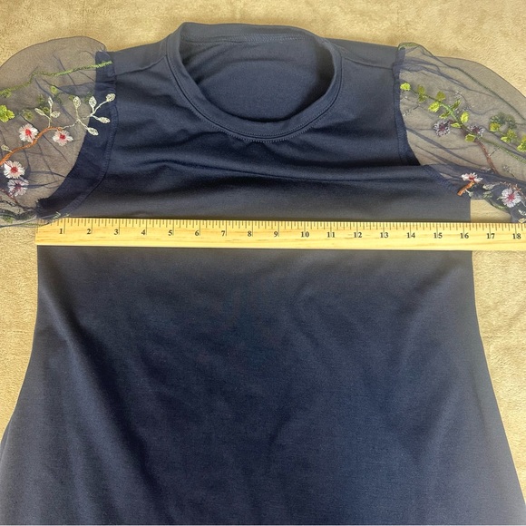 Sheer Fairy Goth Top Mesh Floral Embroidery Sleeve Tunic‎ Navy Crew Neck Wms XS - Picture 5 of 12